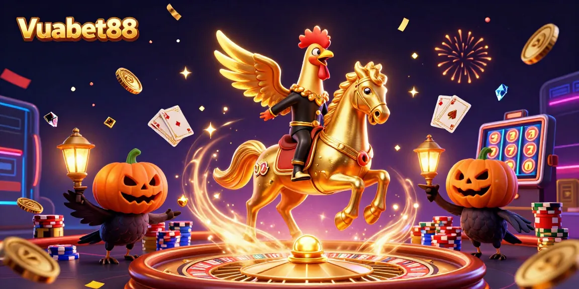 Win big with Vuabet88 as a golden rooster leads a vibrant casino adventure filled with treasures.