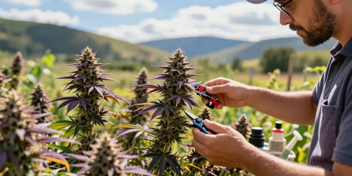 Ernte von Purple Queen CBD Blüten im Garten mit lila Pflanzen und Werkzeuge zur Pflege, umgeben von natürlichem Licht.