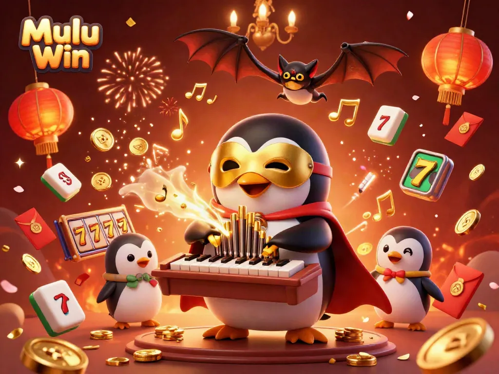 Mulu Win entertains players with vibrant 3D gaming action featuring a penguin playing an organ with coins.
