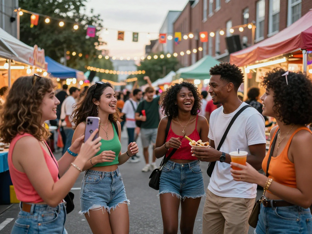 Friends enjoying the vibrant street festival atmosphere, capturing memorable moments and showcasing rokok88 culture.