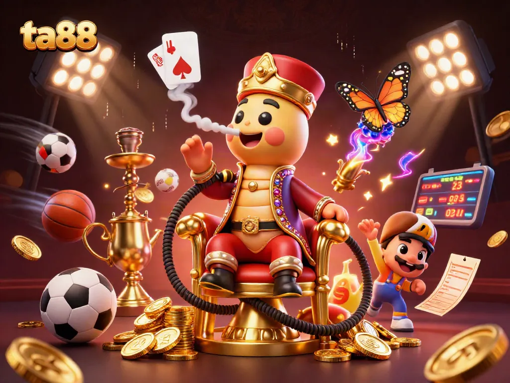 Engage in thrilling ta88 online betting with a vivid casino scene featuring a caterpillar master and vibrant sports elements.