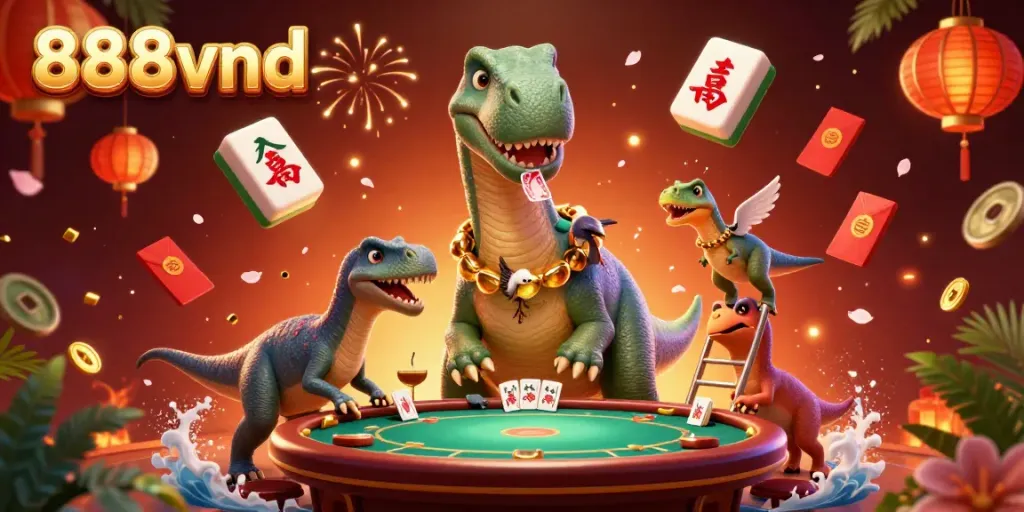 Experience thrilling gaming at 888vnd with a whimsical dinosaur-themed casino illustration.