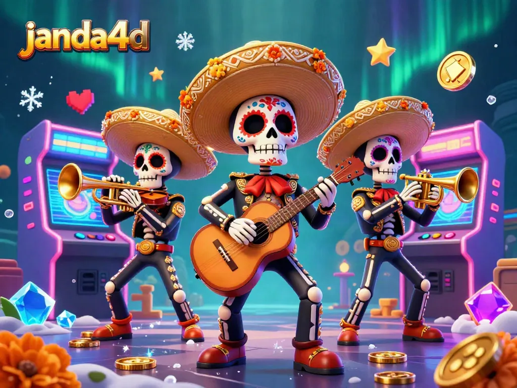 Permainan menyenangkan di janda4d dengan karakter mariachi dan mesin permainan 3D penuh warna.