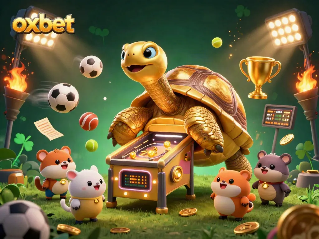 Experience thrilling gameplay at OXBET with a vibrant 3D illustration of a colossal tortoise pinball machine in a dynamic casino scene.