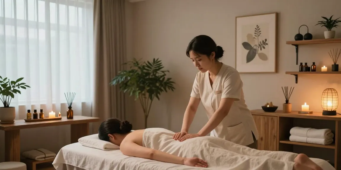 1인샵 massage therapy session in a serene wellness spa with relaxing ambiance and calming decor.