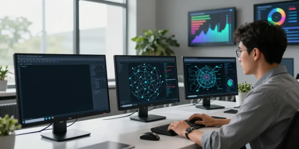 Cybersecurity expert analyzing encrypted data related to the hidden wiki in a modern workspace.
