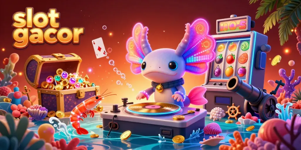 Engage with the vibrant slot gacor world featuring a neon-colored DJ and lively sea creatures surrounded by slot machines and treasures.