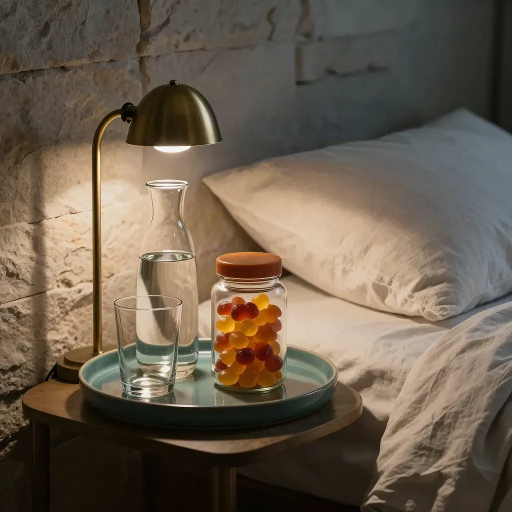 CBD gummies and bedside sleep support items by a lamp on stone and linen