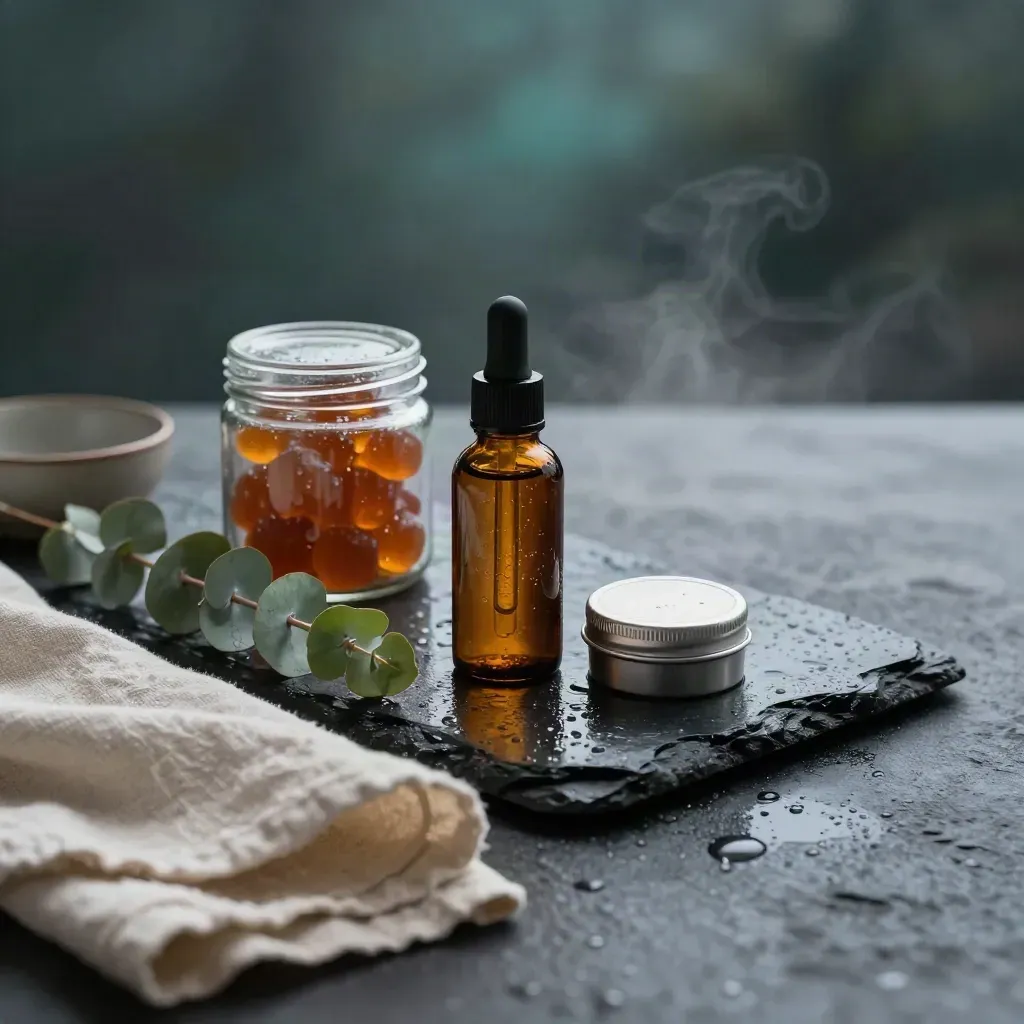 CBD tincture, gummies, balm tin, linen and eucalyptus on a rainy slate counter at dawn.