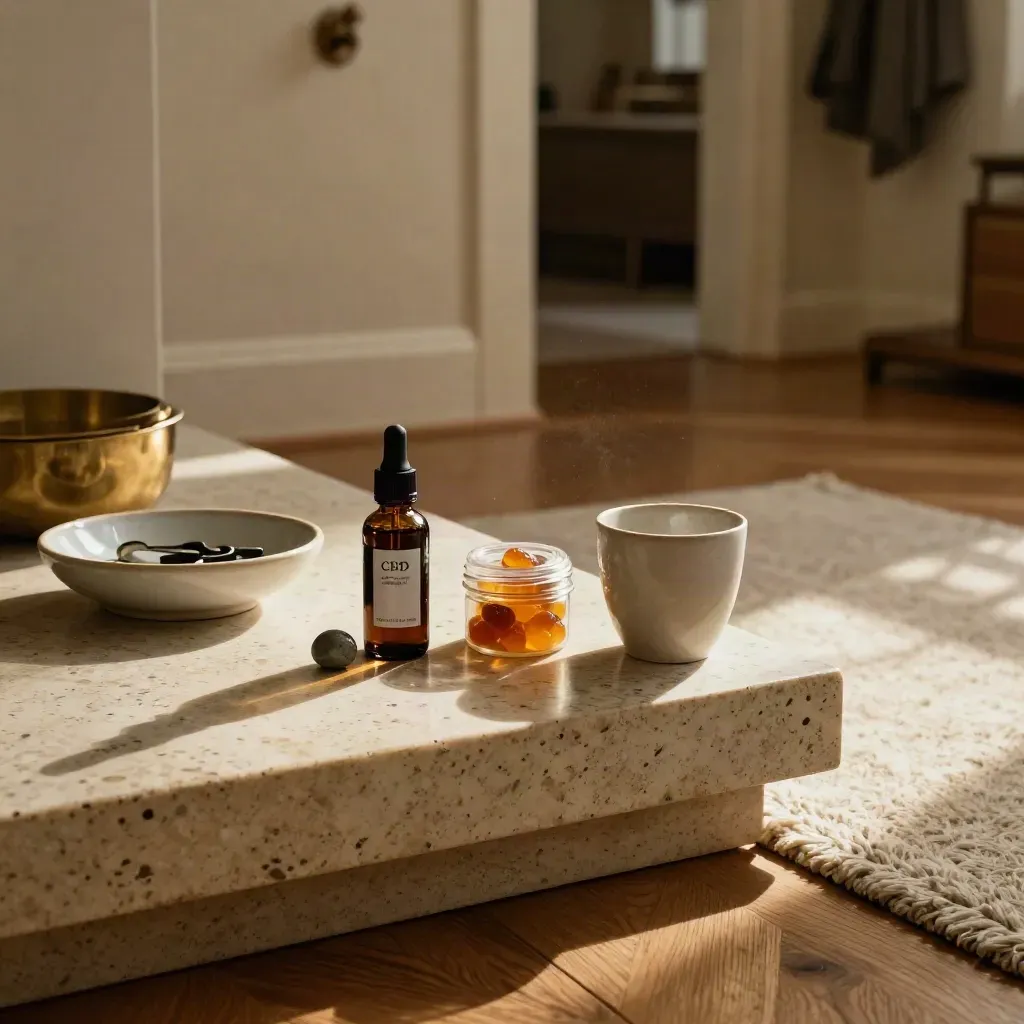CBD stress-relief kit by an entry bench with tincture, gummies, stone token and ceramic cup.