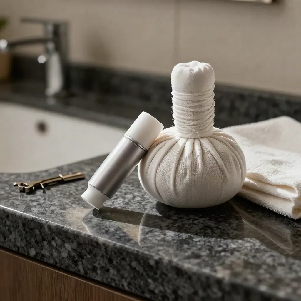 Balm tin, uncapped roll-on, warming compress, and ivory towel on a dark granite counter