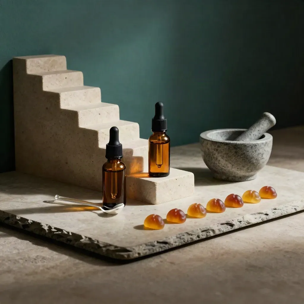 Amber droppers, stone mortar, spoon, and gummies in a dramatic apothecary still life.