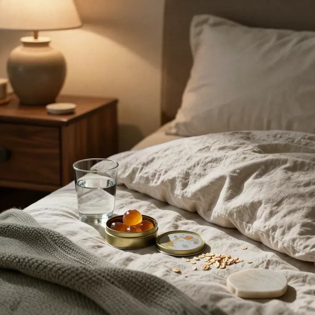 CBD gummy tin, water glass, linen duvet and ceramic lamp on a walnut nightstand at bedtime.
