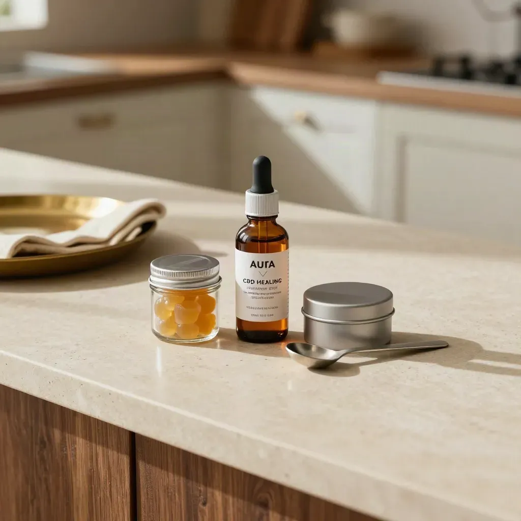 CBD starter kit on a pale kitchen island with tincture, gummies, topical tin, and dosing spoon.