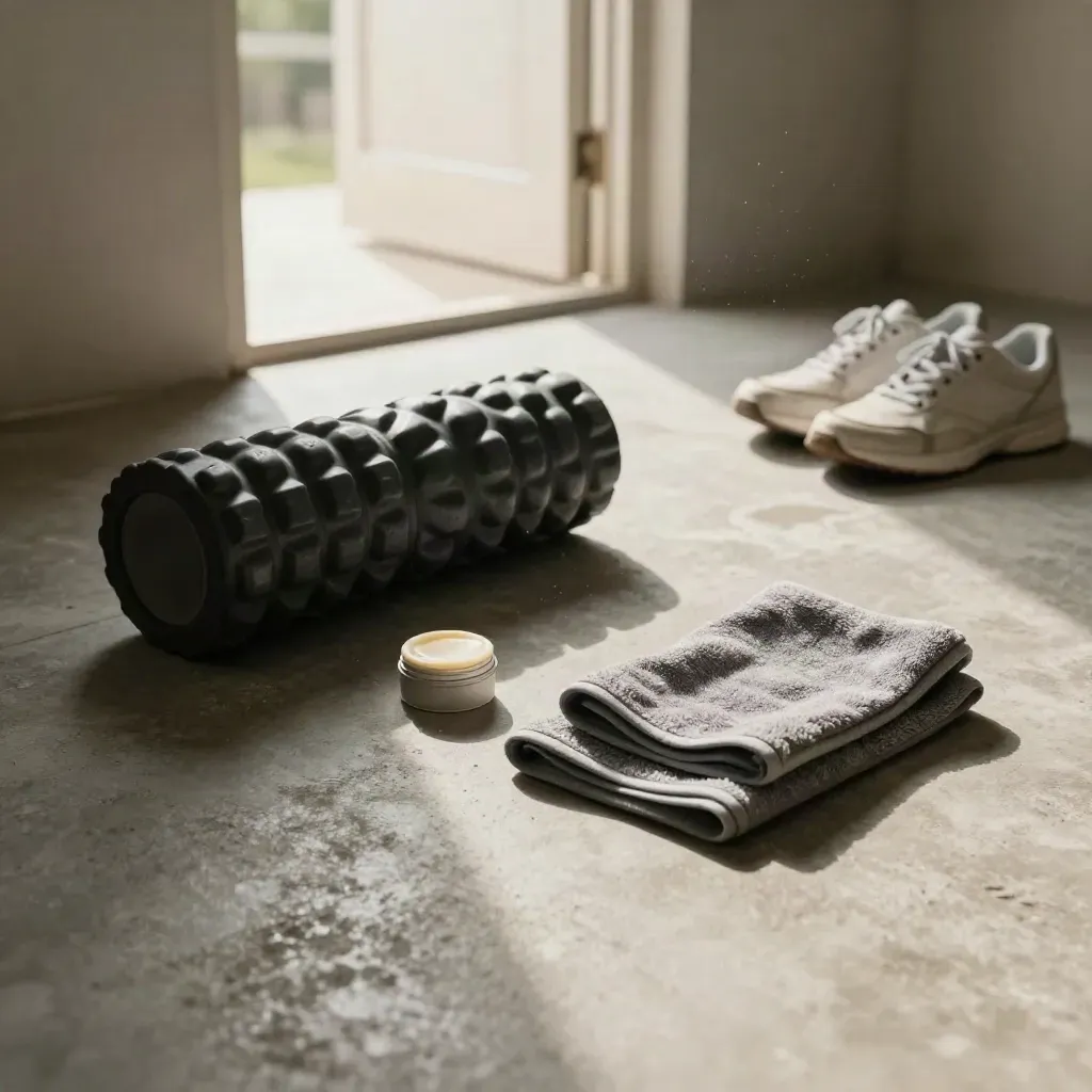 Foam roller, rolled mat, balm, towel, and sneakers by a bright doorway on concrete.