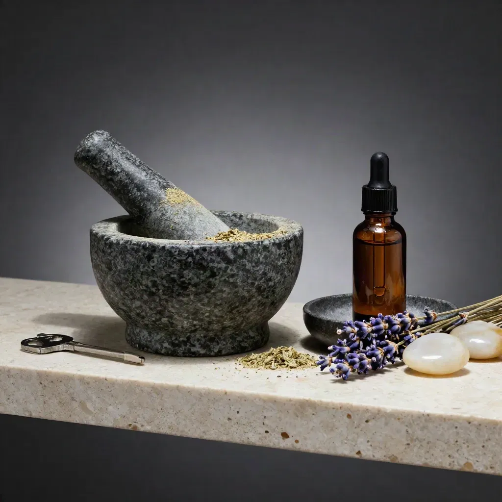 Stone mortar, amber droppers, lavender and river rocks in a dramatic wellness still life.
