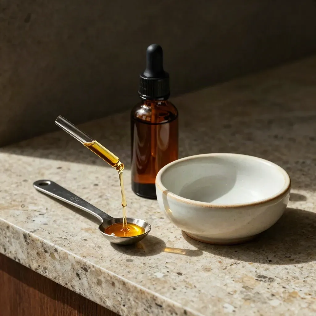 Dropper, measuring spoon, amber bottle shoulder and ceramic bowl on travertine