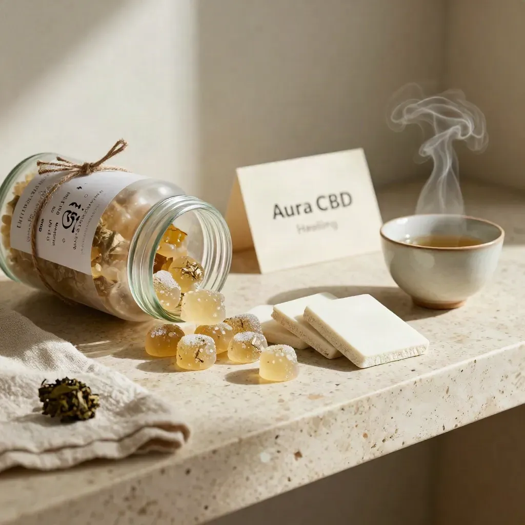 Top-down macro of CBD gummies, herb bundles, sample tiles, and a steaming tea cup on linen.