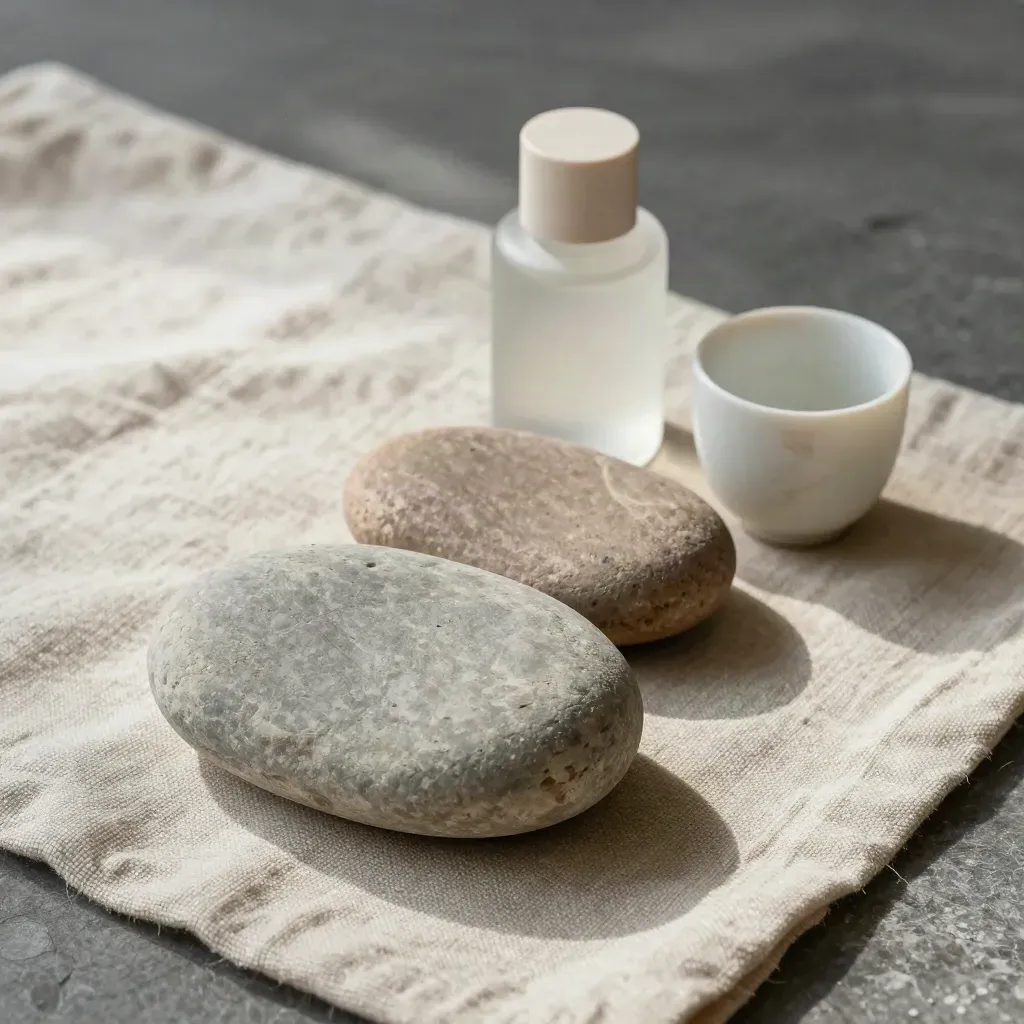Overhead flatlay of river stones, sealed sample bottle, and ceramic cup on linen