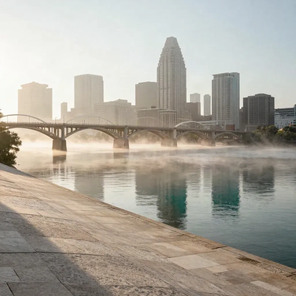 Austin skyline and Congress Avenue Bridge rising above misty Lady Bird Lake at dawn.