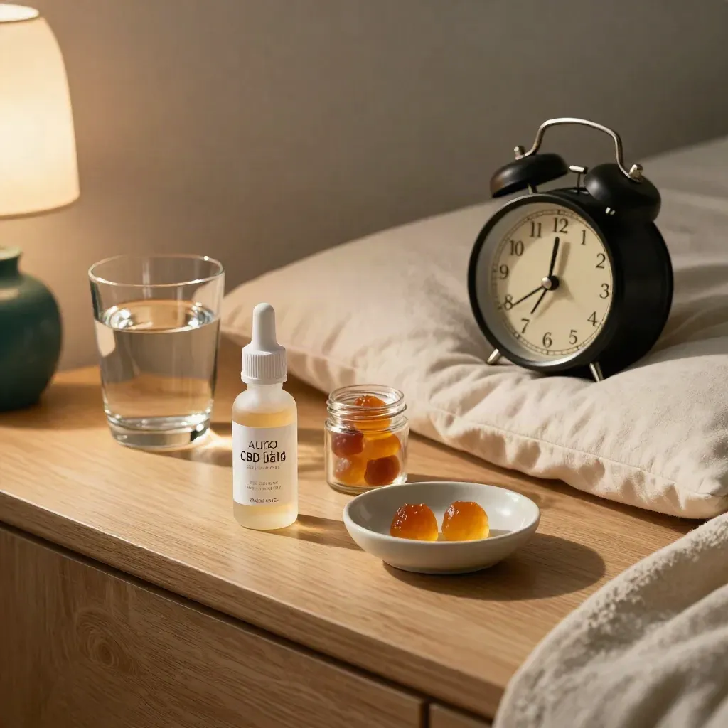 Bedside CBD routine tray with tincture, gummies, water glass and alarm clock by a pillow.
