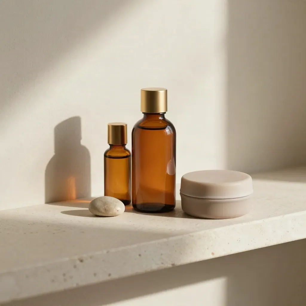CBD tincture, balm tin and stone token on a plaster shelf in soft morning light