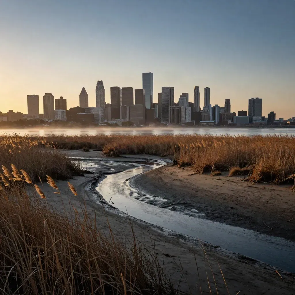 Houston skyline over Buffalo Bayou wetlands at dusk with calm water, reeds, and hazy light