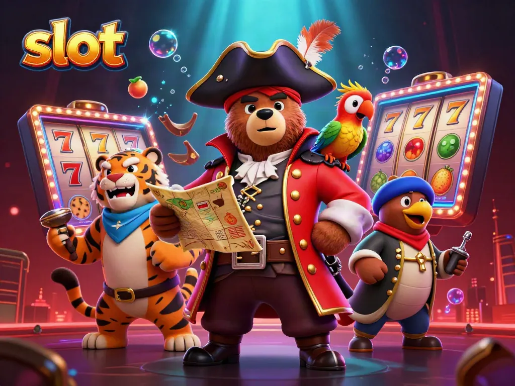 Engage with vibrant slot action featuring a pirate bear, tiger, and treasure map in an exciting casino setting