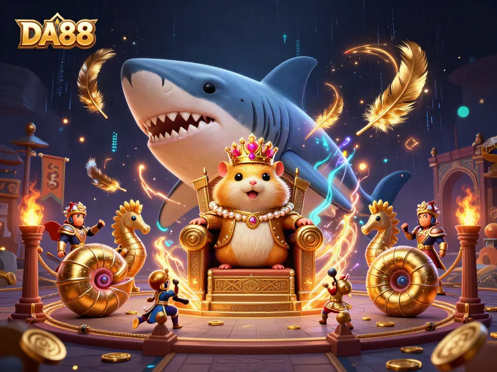 Engage in thrilling gaming at DA88 with a dynamic casino scene featuring a golden hamster king.