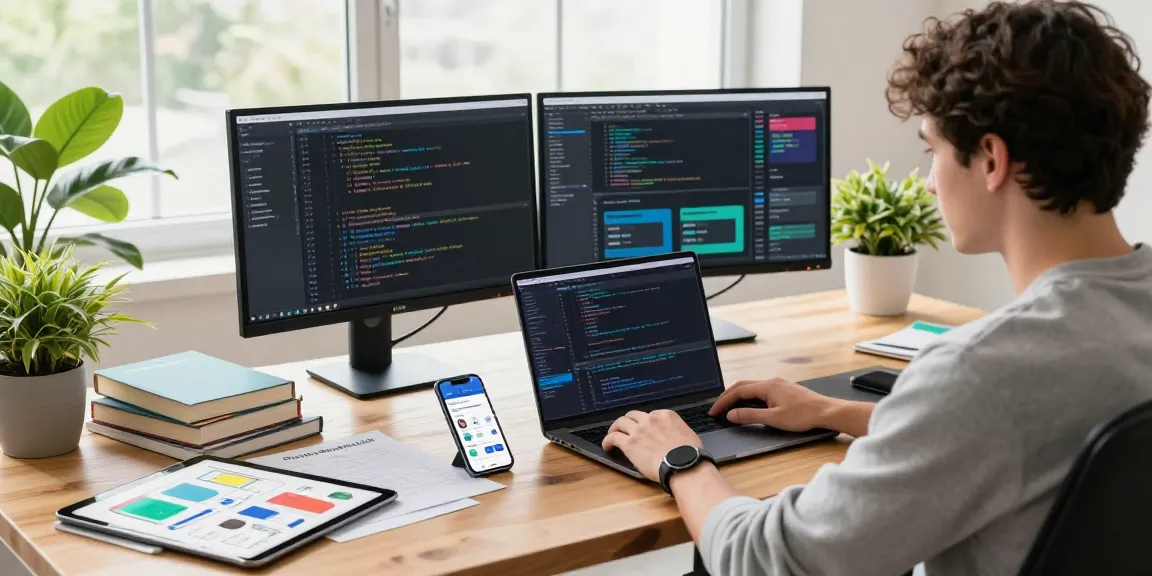 Télécharger l'application d'appels internationaux sur un ordinateur moderne avec un développeur concentré sur son travail.