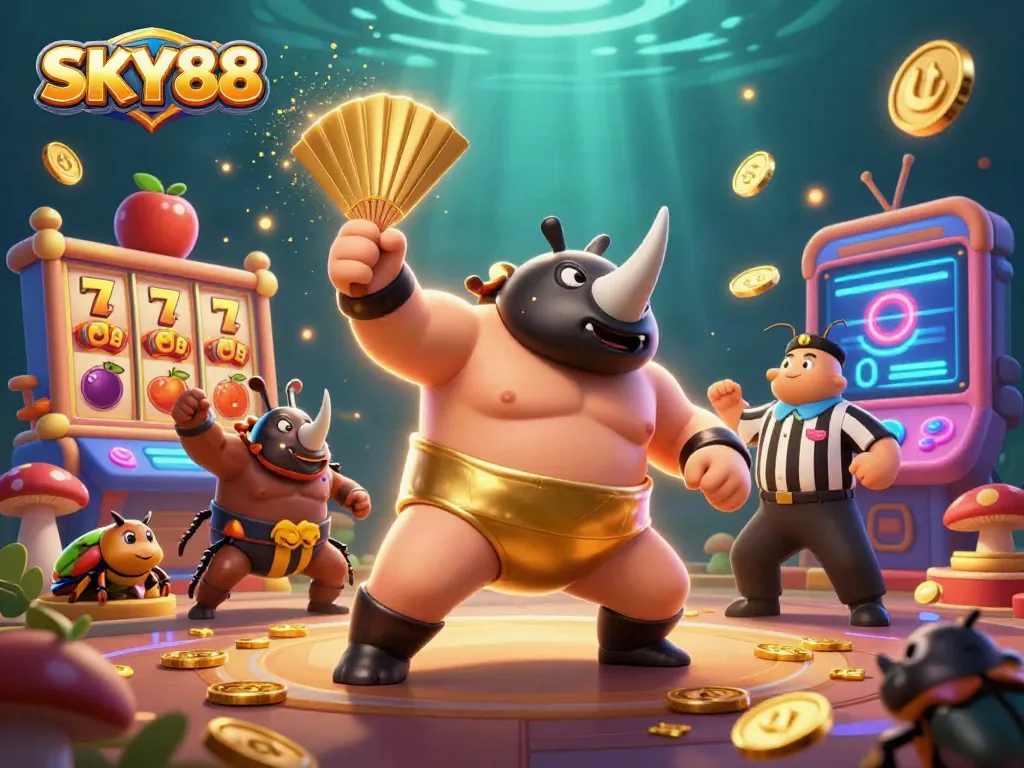 Experience the excitement of SKY88 as a sumo beetle champion stomps coins in this vibrant casino scene.