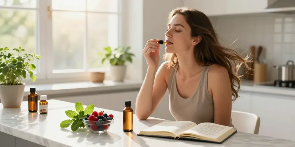 Muha meds CBD oil being taken in a bright kitchen during a wellness morning routine, showcasing natural ingredients and health-focused elements.