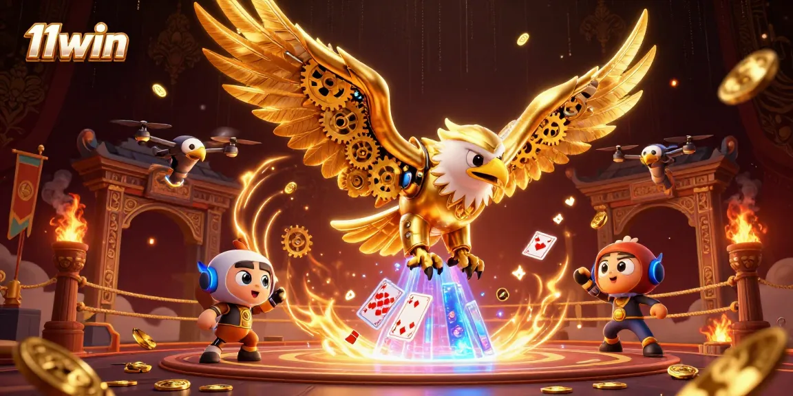 Experience thrilling gameplay at 11win with a stunning eagle soaring through holographic cards.