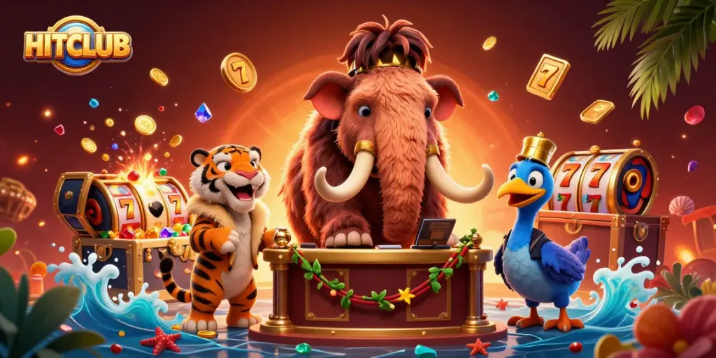 Engage with HITCLUB's vibrant casino scene featuring a woolly mammoth bouncer, saber-tooth tiger, and treasures.