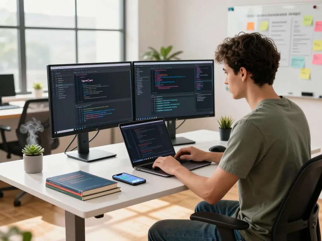 OpenClaw interface on dual monitors in a vibrant software development workspace with a developer coding.