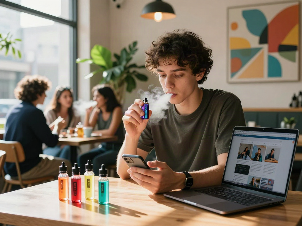 Young adult enjoying a Geek Next vape in a lively café setting, highlighting modern vaping culture.