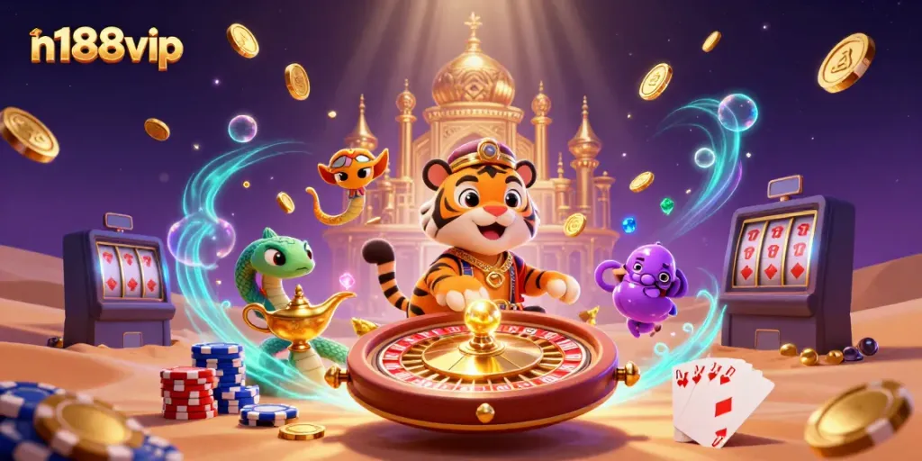 Engage with n188vip's thrilling gaming atmosphere featuring 3D characters and casino elements.