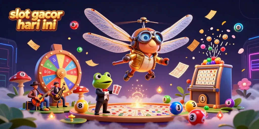 Engage in the excitement of slot gacor hari ini with a lively casino scene highlighting a dragonfly pilot and frog dealer.