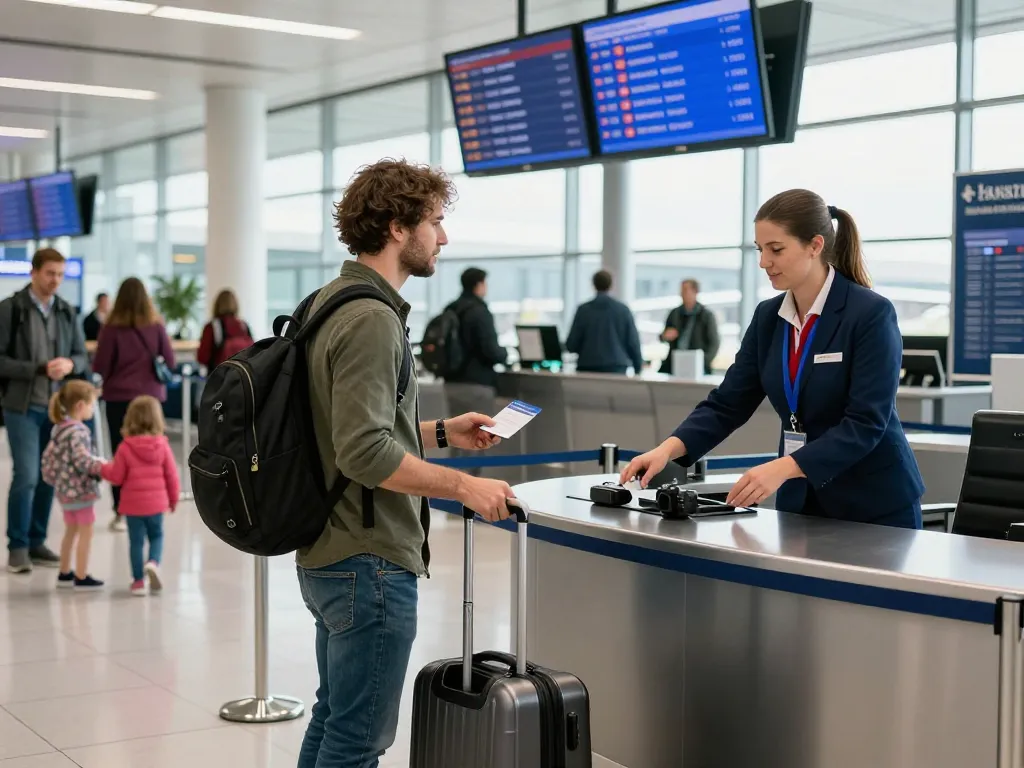 Travelers checking in for flights to Cardiff Airport from Halifax in a vibrant airport setting.