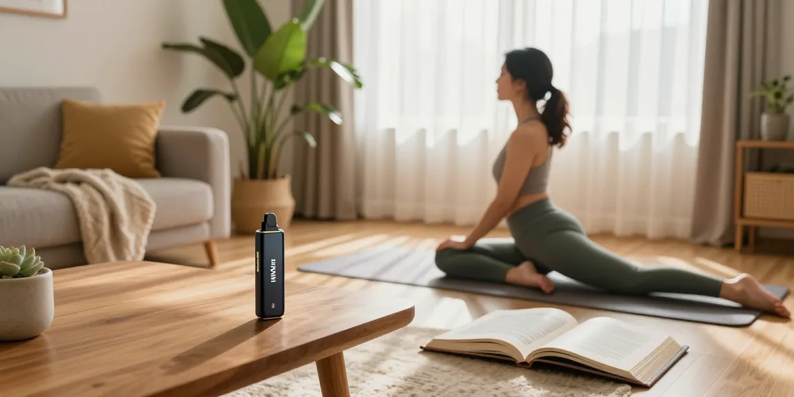 Uwin Digital Box 68K disposable vape showcasing organic wellness practices in a serene living room.