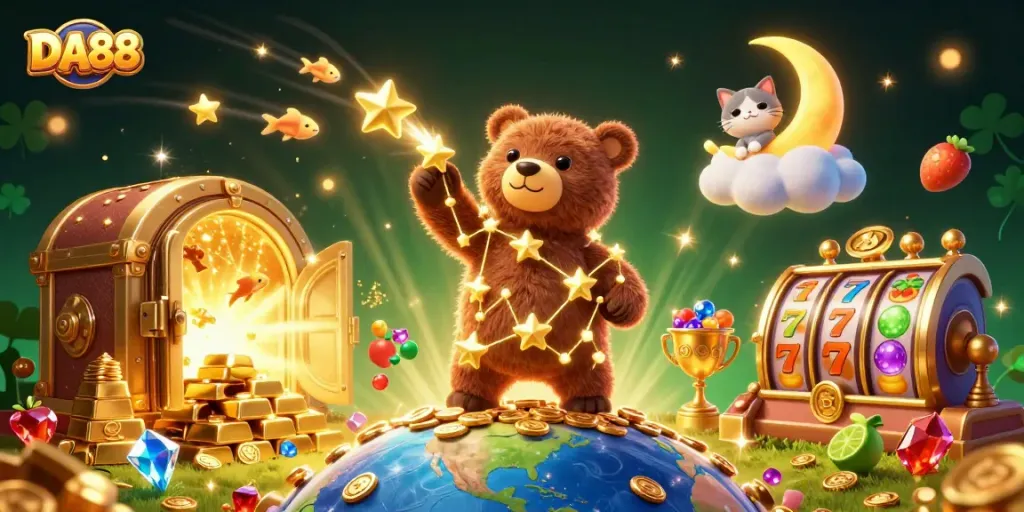 Play slots with DA88, featuring a bear, treasures, and exciting casino elements illuminating the scene.