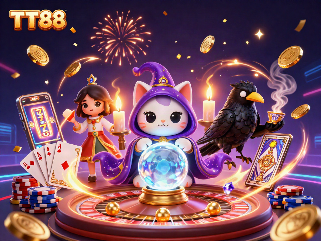 Experience the captivating world of TT88 with fortune teller cat and mystical elements in an enchanting casino scene.