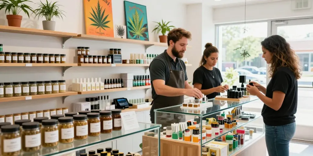 Buy live resin in Canada at a modern dispensary showcasing vibrant cannabis products and a knowledgeable staff.