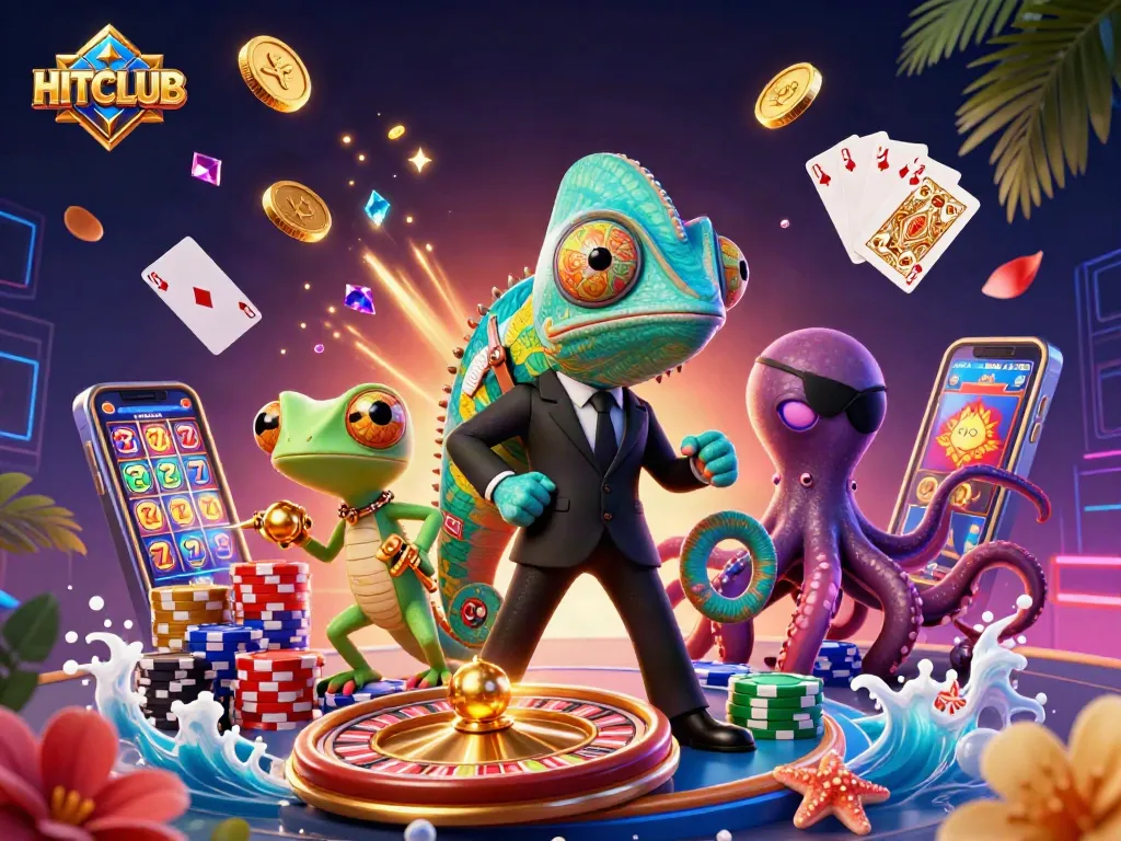 Play and win at HITCLUB with vibrant characters in a dynamic casino scene filled with excitement.