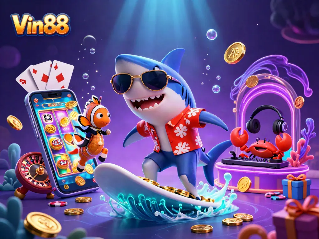 Play thrilling games at Vin88 with a dynamic underwater scene full of excitement and vibrant colors.