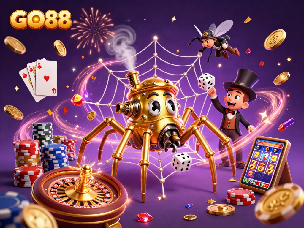 Experience the thrill of GO88 with golden spider, dazzling coins, and vibrant casino elements.