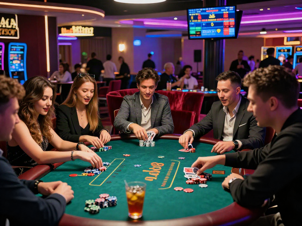 Friends enjoying rokok88 poker game in a lively casino setting with vibrant atmosphere.