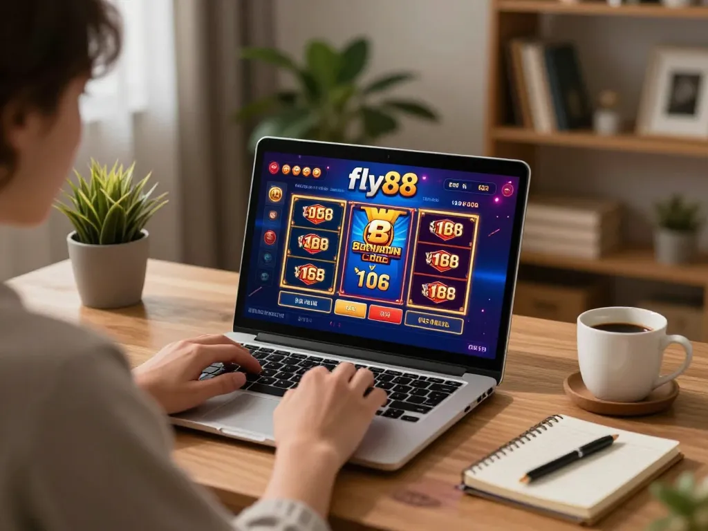 Engaging online gaming experience at fly88 with a player analyzing strategies on a laptop