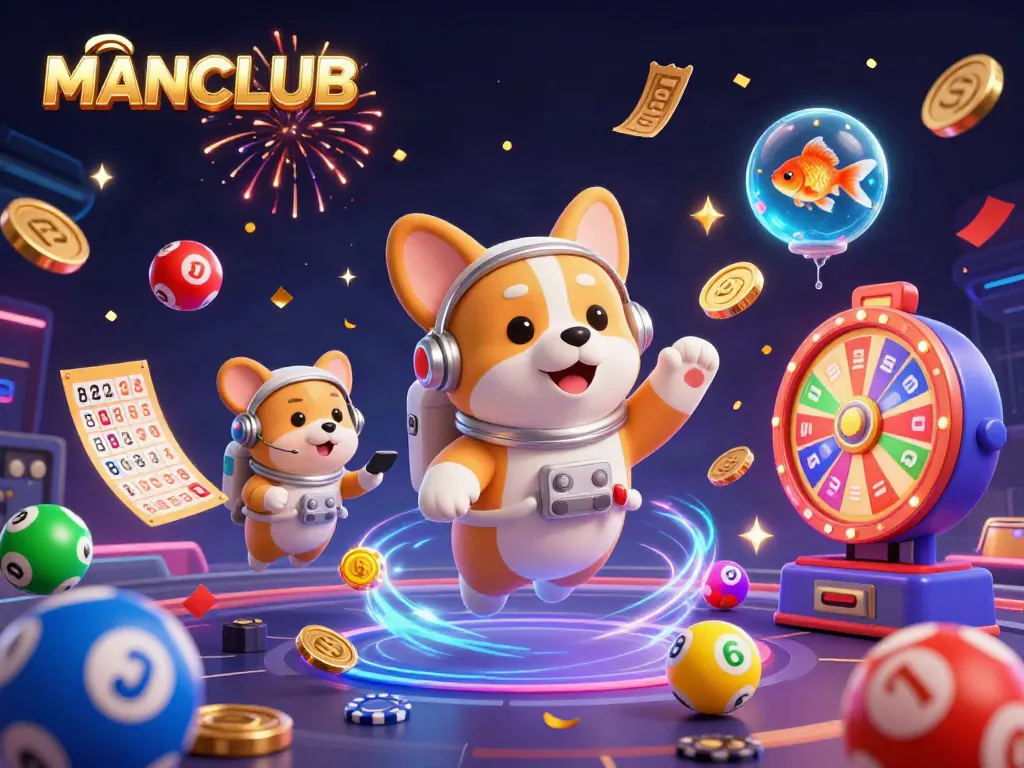 Experience vibrant gaming fun at MANCLUB with a cartoon corgi, floating coins, and lottery action!