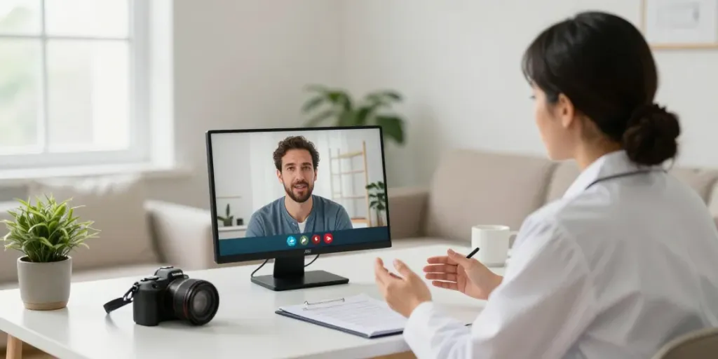Patient consultation for MMJ Card OK with a licensed doctor during a video call in a warm home office.